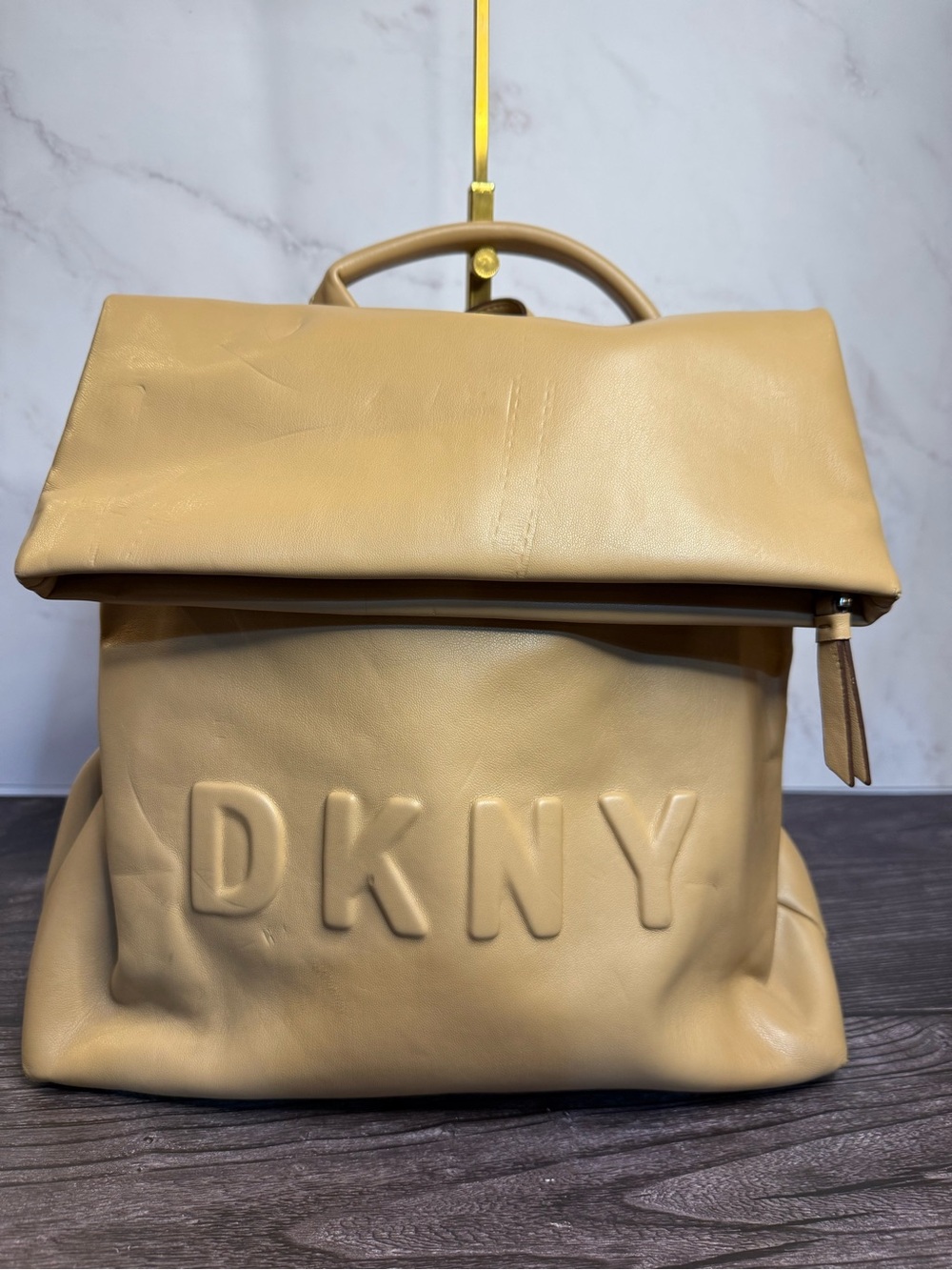 DKNY Tilly Logo Foldover Backpack Tan Beige Vegan Faux Leather
